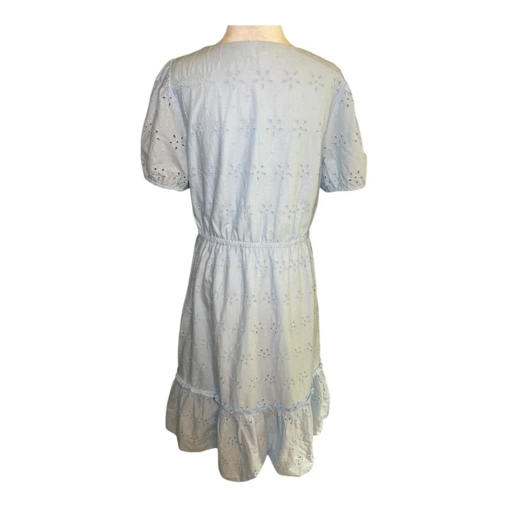 J. Crew Eyelet‎ Dress Cotton Puff Sleeve Tiered Light Blue Size 12 Petite